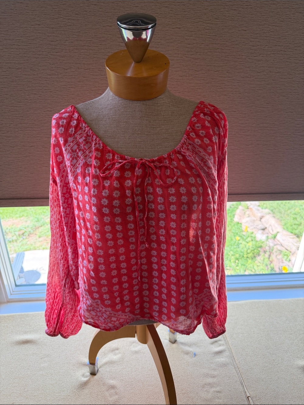 Free People Coral Red Floral Peasant Top with Tie